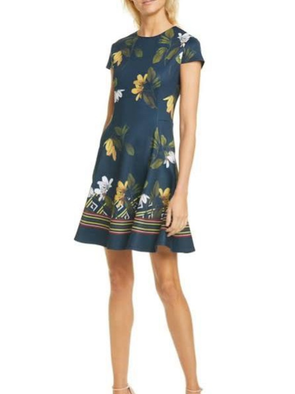 Ted Baker Gallah Savanna Skater Dress Womens 8 Blue Excellent Floral Striped Hem